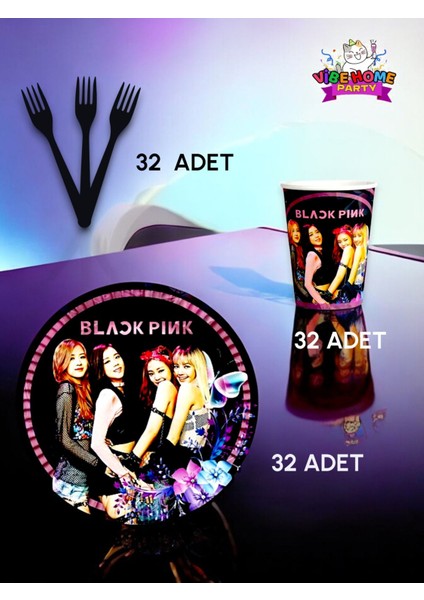 32 Kişilik Black Pink Temalı Süper Eko Seti - Doğum Günü Parti ve Eğlenceli Etkinlikler