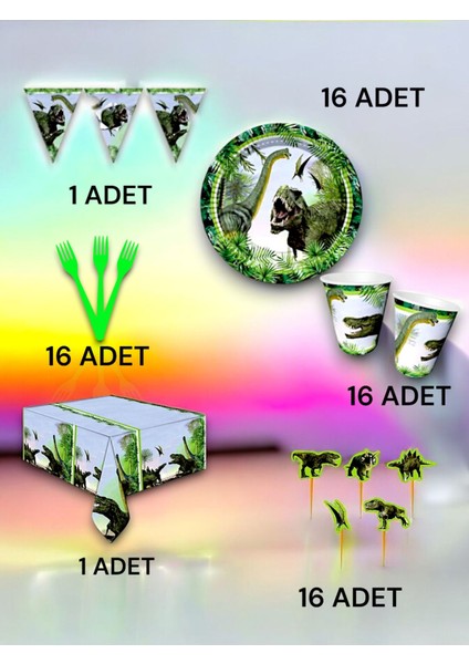 16 Kişilik Jurassic Temalı Premium Set - Doğum Günü Parti ve Eğlenceli Etkinlikler