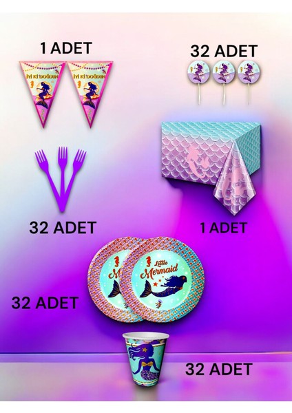 32 Kişilik Deniz Kızı Temalı Premium Set - Doğum Günü Parti ve Eğlenceli Etkinlikler