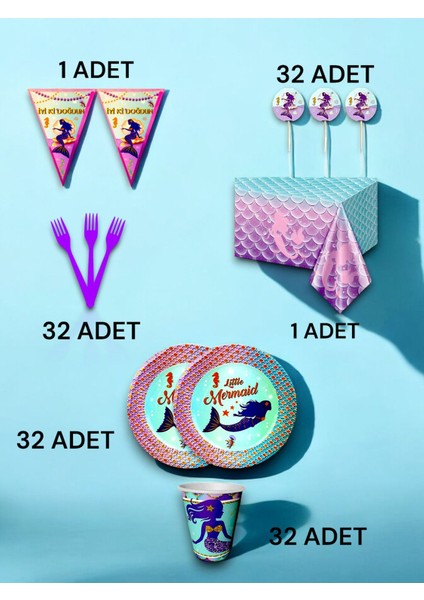 32 Kişilik Deniz Kızı Temalı Premium Set - Doğum Günü Parti ve Eğlenceli Etkinlikler fiyatları