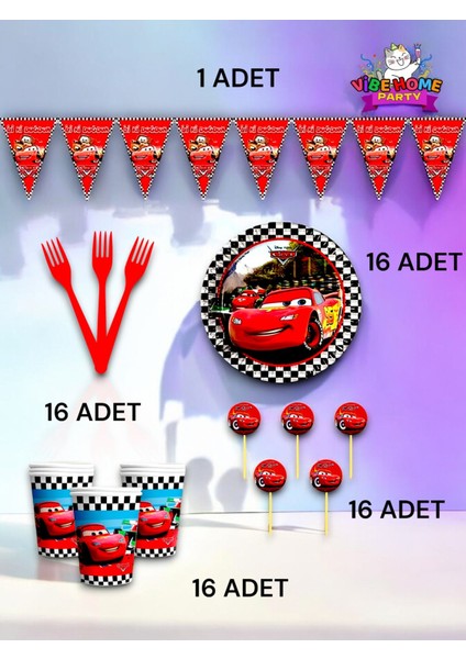 16 Kişilik Cars Temalı Eko Set - Doğum Günü Parti ve Eğlenceli Etkinlikler