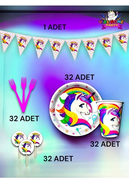 32 Kişilik Unicorn Temalı Eko Set - Doğum Günü Parti ve Eğlenceli Etkinlikler