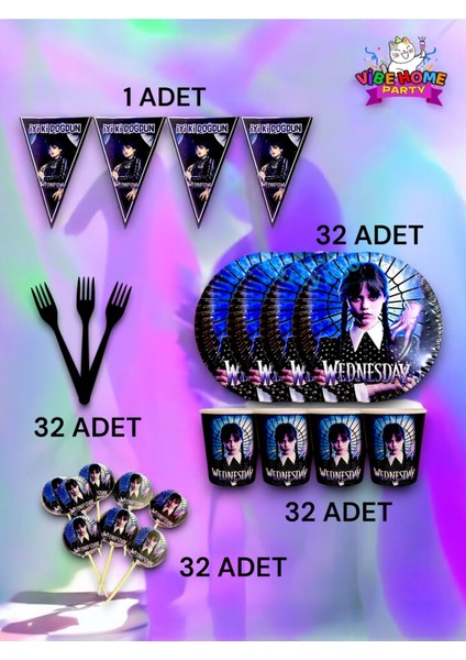 32 Kişilik Wednesday Temalı Eko Set - Doğum Günü Parti ve Eğlenceli Etkinlikler