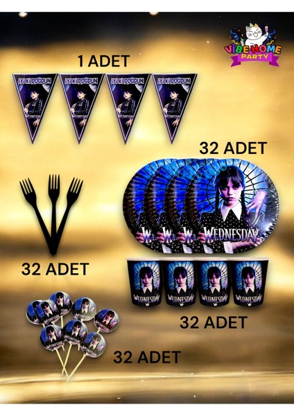 32 Kişilik Wednesday Temalı Eko Set - Doğum Günü Parti ve Eğlenceli Etkinlikler fiyatları
