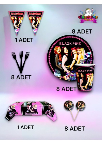 8 Kişilik Black Pink Temalı Premium Set - Doğum Günü Parti ve Eğlenceli Etkinlikler