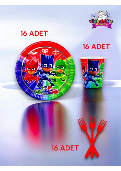 16 Kişilik Pijamask Temalı Süper Eko Seti - Doğum Günü Parti ve Eğlenceli Etkinlikler