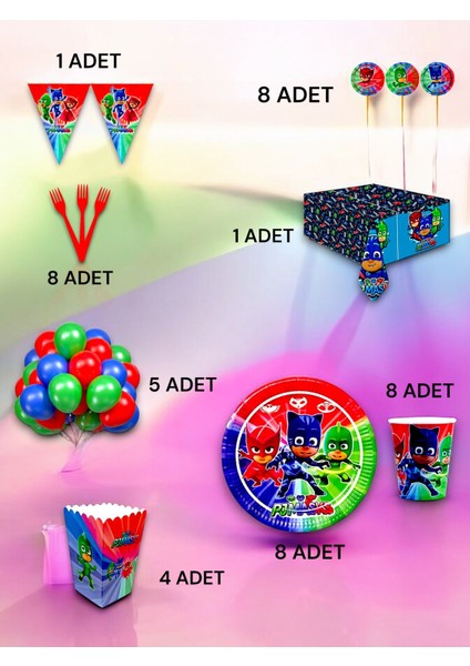 8 Kişilik Pijamask Temalı Lü x Set - Doğum Günü Parti ve Eğlenceli Etkinlikler