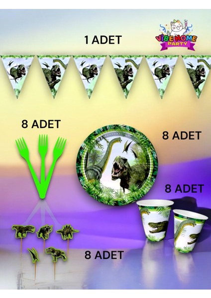 8 Kişilik Jurassic Temalı Eko Set - Doğum Günü Parti ve Eğlenceli Etkinlikler