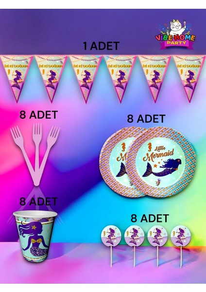 8 Kişilik Deniz Kızı Temalı Eko Set - Doğum Günü Parti ve Eğlenceli Etkinlikler