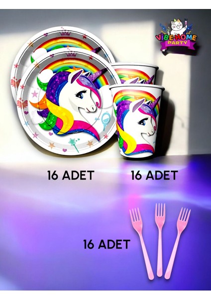 16 Kişilik Unicorn Temalı Süper Eko Seti - Doğum Günü Parti ve Eğlenceli Etkinlikler