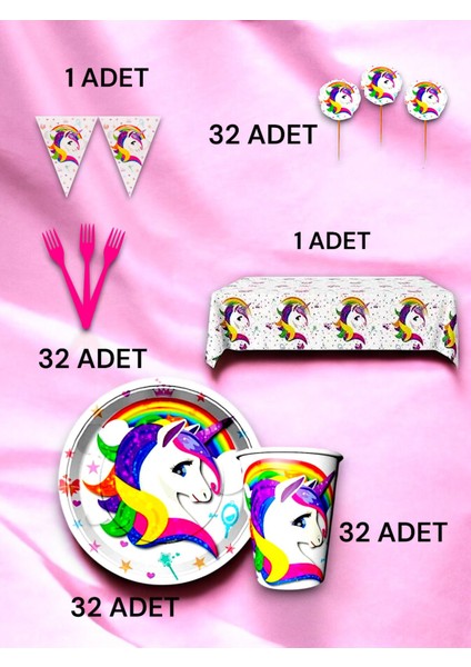 32 Kişilik Unicorn Temalı Premium Set - Doğum Günü Parti ve Eğlenceli Etkinlikler