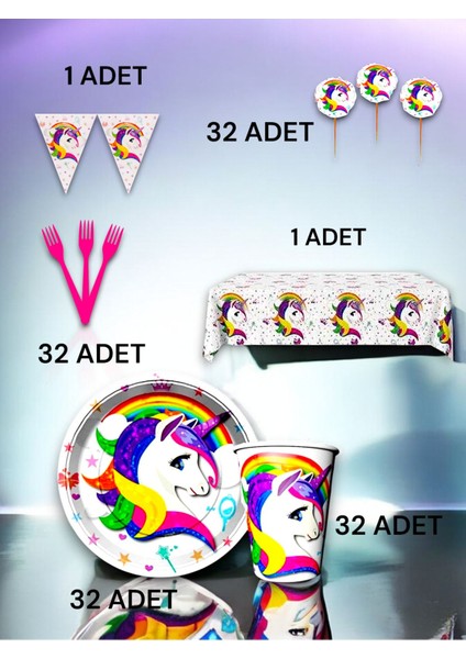 32 Kişilik Unicorn Temalı Premium Set - Doğum Günü Parti ve Eğlenceli Etkinlikler