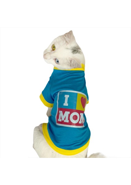 Love Mom Blue, Oval Yaka Tişört Kedi Kıyafeti,elbisesi Anneler Günü fiyatları