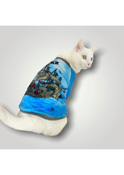 Pirate Blue Oval Yaka Tişört Kedi Kıyafeti