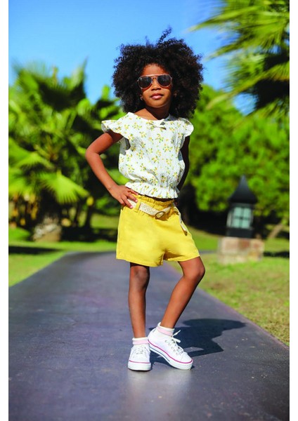 Kız Çocuk İkili Takım Çiçekli Ekru-Sarı | %100 Pamuk Bürümcük Kumaş, Kemerli Şortlu Takım