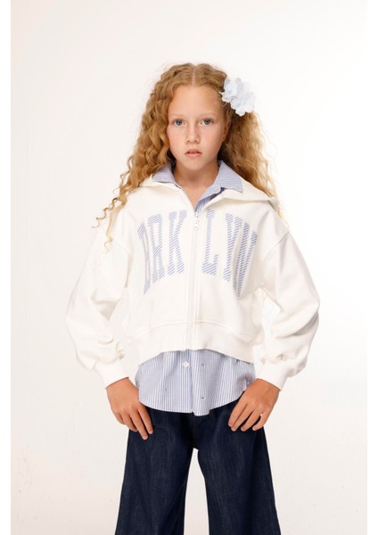 Kız Çocuk Aplike Fermuarlı Sweatshirt 9-14 Yaş Ekru