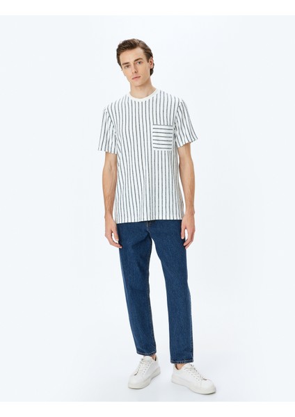 Çizgili Cepli Kısa Kollu Viskon Karışımlı Bisiklet Yaka T-Shirt fiyatları