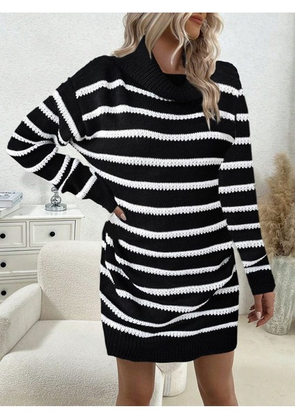 Kadın Uzun Kollu Degaje Yaka Çizgili Sonya Iplik Mini Boy Triko Elbise (Kemersiz) modelleri