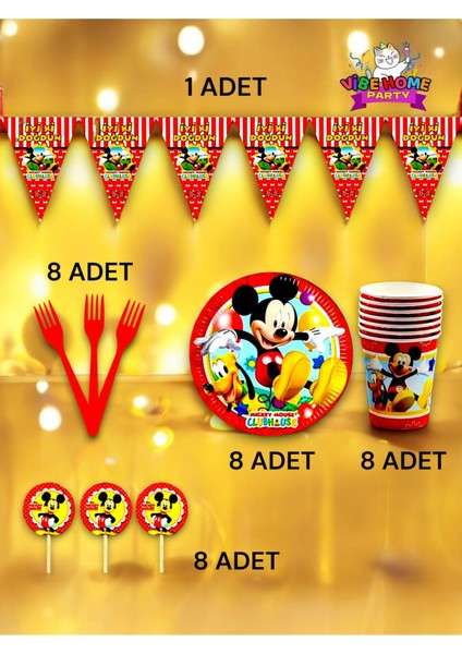 8 Kişilik Mickey Mouse Temalı Eko Set - Doğum Günü Parti ve Eğlenceli Etkinlikler