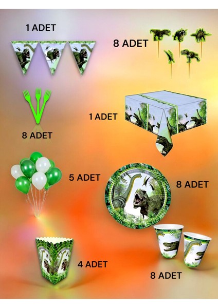 8 Kişilik Jurassic Temalı Lüx Set - Doğum Günü Parti ve Eğlenceli Etkinlikler