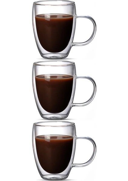 Çift Cidarlı Latte - Kahve - Meşrubat - Bitki Çayı Cam Kupa Seti 300 Ml x 3 Adet 2038