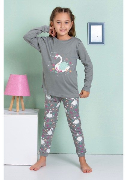 Kız Çocuk Kuğu Desenli Uzun Kollu Pijama Takımı