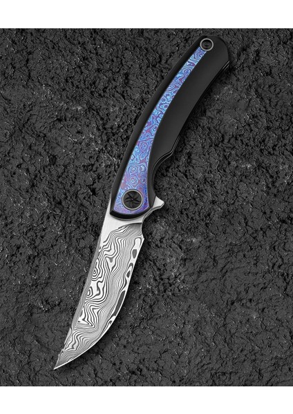 Sambac BT2402F 3.62'' Damascus (Şam Çelik ) Bıçak Titanyum Timascus Kakma Çakı