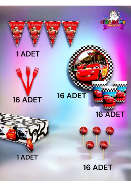 16 Kişilik Cars Temalı Premium Set - Doğum Günü Parti ve Eğlenceli Etkinlikler