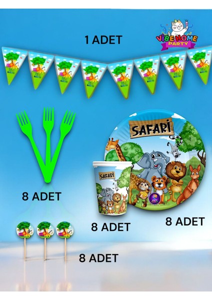 8 Kişilik Safari Temalı Eko Set - Doğum Günü Parti ve Eğlenceli Etkinlikler