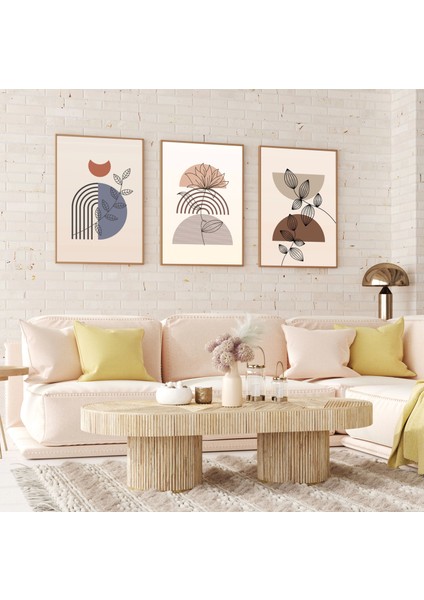 3 Parça Doğal Ahşap Çerçeveli Renkli Boho Tablo Seti Bestablo