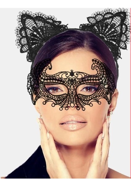 Siyah Renk Dantel Maske ve Dantel Kulak Taç Seti Yetişkin No 4 fiyatları