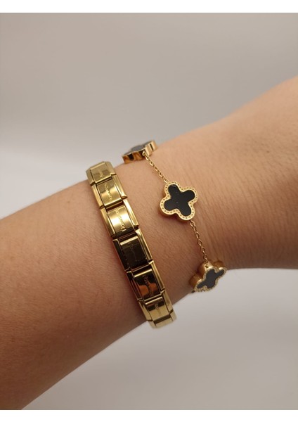 Çelik Bileklik Büyük Yonca Siyah Gold Bileklik