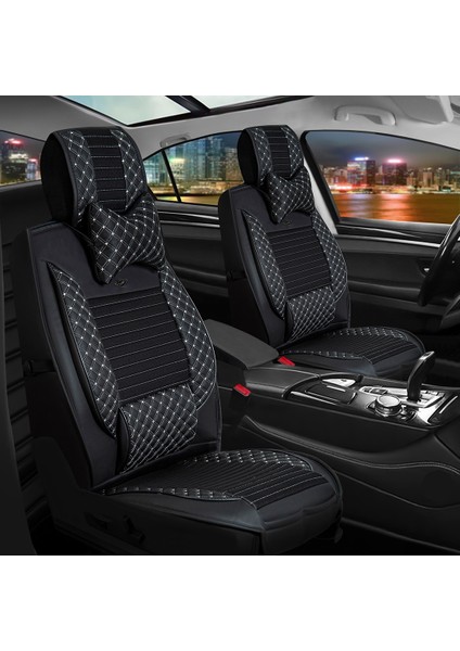 Fiat Stilo Uyumlu Yarı Deri Oto Koltuk Kılıfı Ön/Arka Set Prime Model Siyah-Beyaz