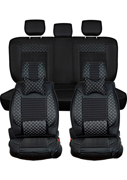 Fiat Stilo Uyumlu Yarı Deri Oto Koltuk Kılıfı Ön/Arka Set Prime Model Siyah-Beyaz