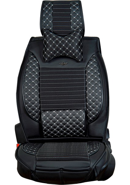 Fiat Stilo Uyumlu Yarı Deri Oto Koltuk Kılıfı Ön/Arka Set Prime Model Siyah-Beyaz