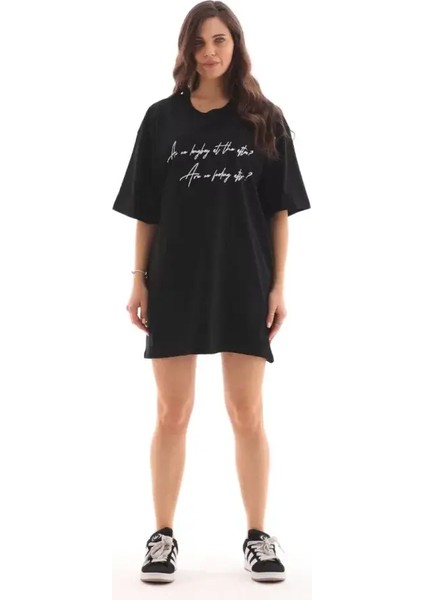 Unisex Bisiklet Yaka Baskılı Oversize T-Shirt - Siyah