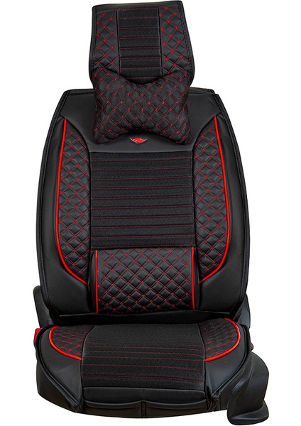 Renault Megane 1 Uyumlu Yarı Deri Oto Koltuk Kılıfı Ön/Arka Set Prime Model Siyah-Kırmızı