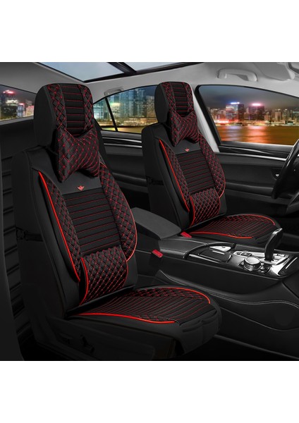 Seat Cordoba Uyumlu Yarı Deri Oto Koltuk Kılıfı Ön/Arka Set Prime Model Siyah-Kırmızı