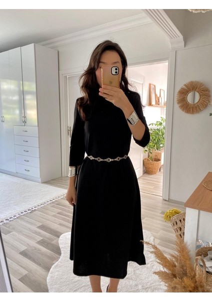 Kadın Uzun Kollu Bisiklet Yaka Midi Krep Elbise