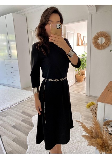 Kadın Uzun Kollu Bisiklet Yaka Midi Krep Elbise