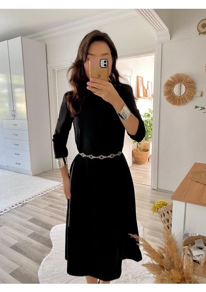 Kadın Uzun Kollu Bisiklet Yaka Midi Krep Elbise