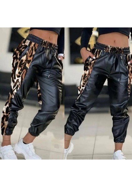 Kadın Bel ve Paça Lastikli Detay Yanları Leopar Detay Bağcıklı Deri Pantolon modelleri