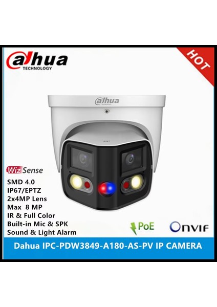 IPC-PDW3849-A180-AS-PV 2 x 4 mp IX 2,8 mm Lens H265+ 25 mt Gece Görüşü IP67 Dahili Mikrofon Tioc Duo Süper Geniş Açı Dome Ip Kamera