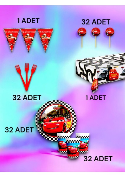 32 Kişilik Cars Temalı Premium Set - Doğum Günü Parti ve Eğlenceli Etkinlikler
