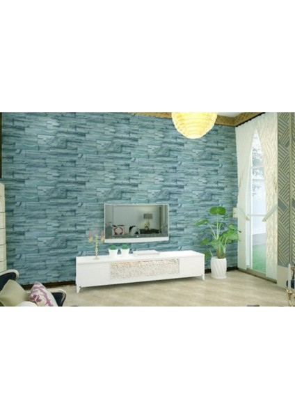 Mavi Tuğla Desenli Yapışkanlı Kaplama Kağıt Tezgah Dolap Mutfak Kağıdı Su Geçirmez 3 M x 60 cm
