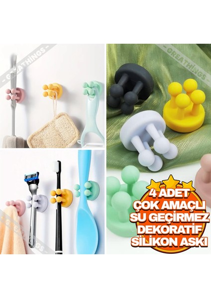 4 Adet Esnek Yapışkanlı Silikon Askı | Tıraş Bıçağı,diş Fırçası,havlular İçin Çok Yönlü Tasarım Askı