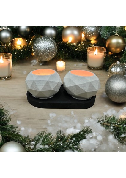 Dekoratif Beton Tabaklı Geometrik Tealight Mumluk Seti ( Tealight Mumlar Dahildir)