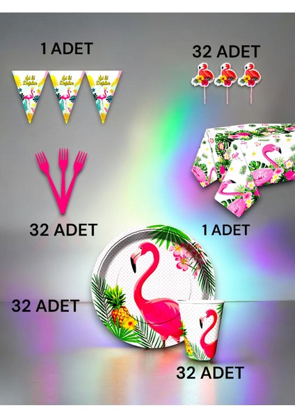32 Kişilik Flamingo Temalı Premium Set - Doğum Günü Parti ve Eğlenceli Etkinlikler