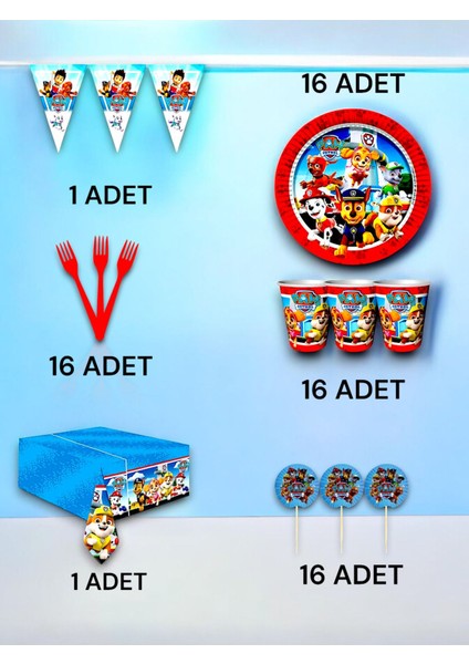 16 Kişilik Paw Patrol Temalı Premium Set - Doğum Günü Parti ve Eğlenceli Etkinlikler
