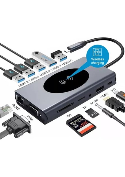 Type-C To Kablosuz Şarj Hdmı VGA RJ45 Sd Tf Card USB 3.0 Aux 9 In 1 Port Görüntü Aktarıcı Adaptör